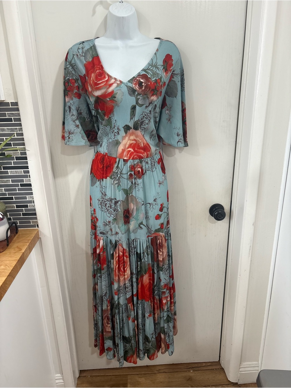 Soft Surroundings Light Blue Maxi Dress with Red Floral Print - Picture 2 of 10